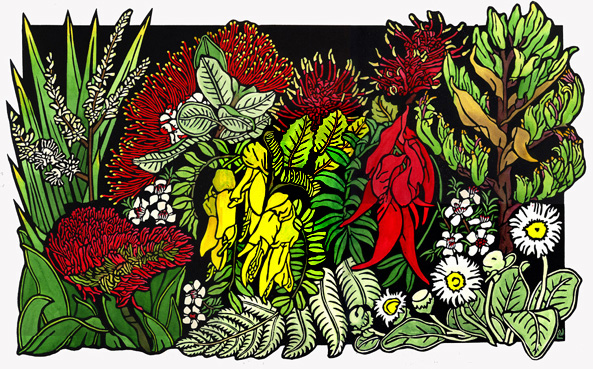 Final Linocut New Zealand Wildlfowers Linocut