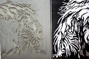 Linoblock carving with template